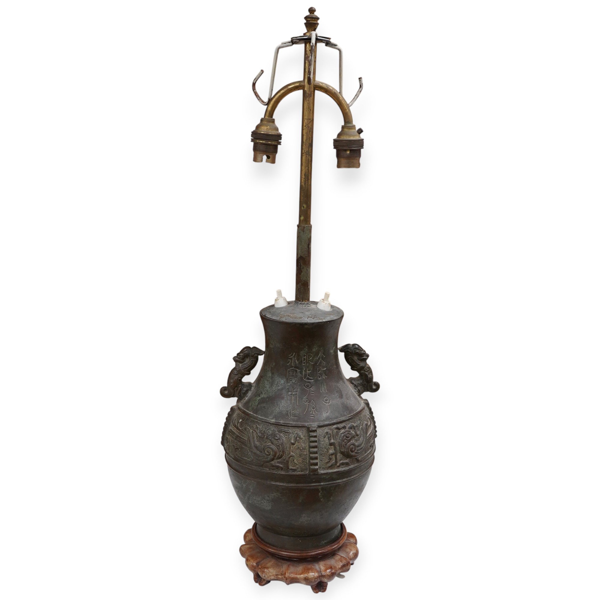 A Chinese archaistic bronze vase mounted as a table lamp, 62cm total